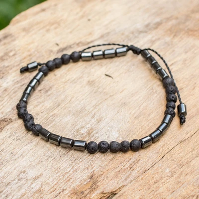 Hematite beaded bracelet, 'Sparks & Shadows' - Unisex Adjustable Hematite and Lava Stone Beaded Bracelet
