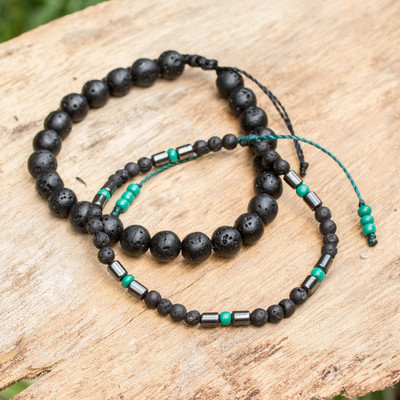Glass and hematite beaded bracelet, 'Vitality Beads' (set of 2) - Turquoise and Black Glass and Hematite Beaded Bracelet Pair
