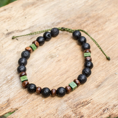 Pinewood and stone beaded bracelet, 'Green of Life' - Handcrafted Green Pinewood and Lava Stone Beaded Bracelet