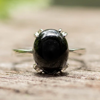 Jade single stone ring, 'Black Allure' - Sterling Silver Ring with Black Jade Stone in Basket Setting