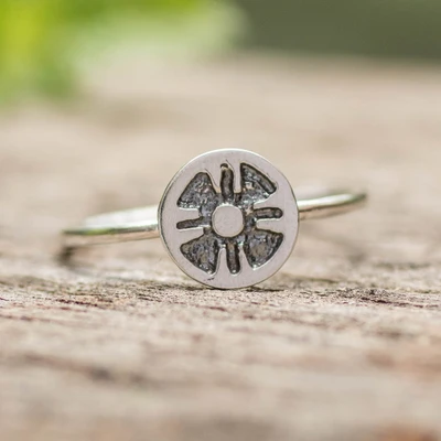 Sterling silver signet ring, 'Nikte Glyph' - Sterling Silver Signet Ring with Mayan Nikte Glyph Motif
