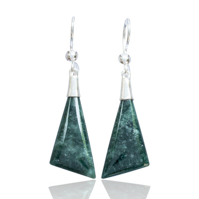 Jade dangle earrings, 'Green Geometric Flair' - Geometric Silver Dangle Earrings with Dark Green Jade