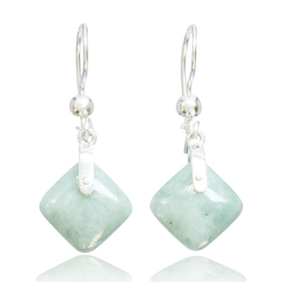 Jade dangle earrings, 'Remarkable Rhombus' - Geometric Apple Green Jade Sterling Silver Dangle Earrings