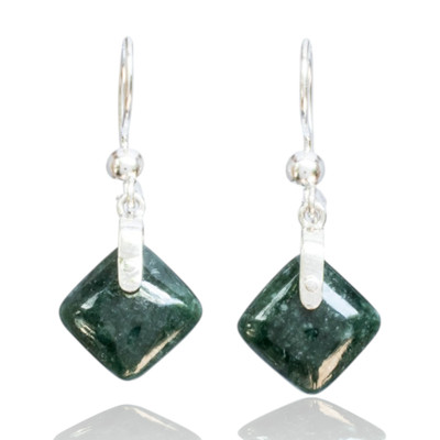 Jade dangle earrings, 'Green Remarkable Rhombus' - Rhombus-Themed Silver Dangle Earrings with Guatemalan Jade