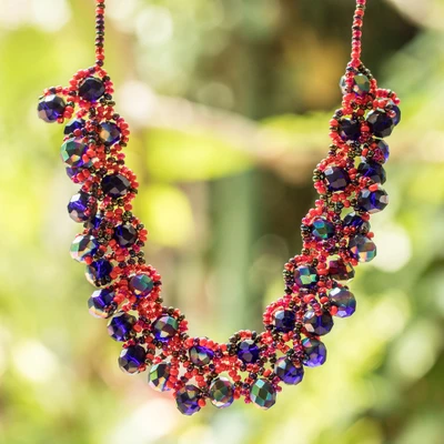 Beaded statement necklace, 'Vibrant Grace' - Handmade Crystal and Glass Beaded Cluster Statement Necklace