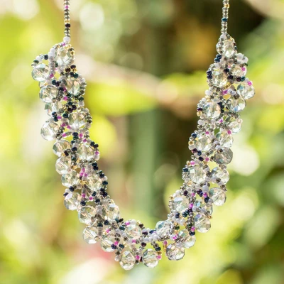 Beaded statement necklace, 'Translucent Grace' - Crystal Glass Beaded Cluster Statement Necklace in Lavender