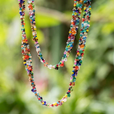 Long beaded strand necklace, 'Shimmering Colors' - Colorful Adjustable Crystal and Glass Beaded Long Necklace