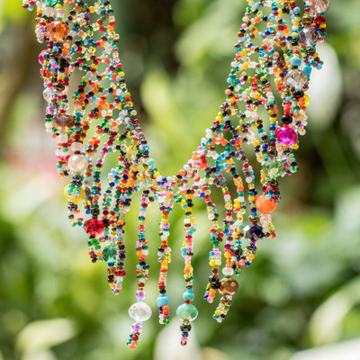 Beaded waterfall necklace, 'Dazzling Glamour' - Waterfall Statement Necklace with Crystal and Glass Beads