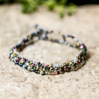 Beaded wristband bracelet, 'Iridescent Magic' - Crystal and Glass Beaded Bracelet with Metallic Palette