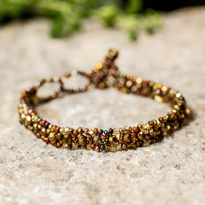 Beaded wristband bracelet, 'Shimmering Magic' - Brown Golden Bronze-Hued Crystal and Glass Beaded Bracelet