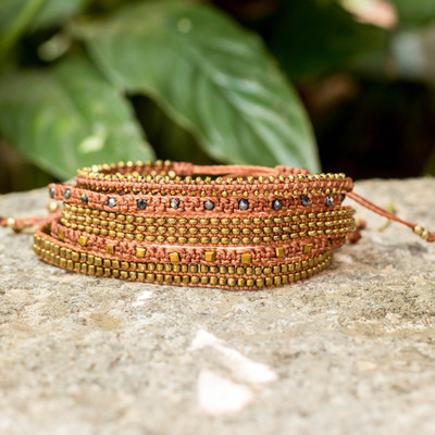 Macrame beaded wristband bracelets, 'Gleam of Mine' (set of 5) - 5 Handcrafted Macrame Beaded Bracelets in Terracotta Shade