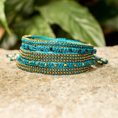 Glass beaded wristband bracelets, 'Lagoon of Mine' (set of 5) - Turquoise Blue-Toned 5-Piece Glass Bead Macrame Bracelet Set