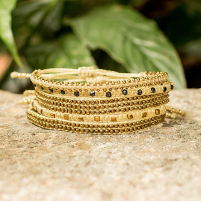 Glass beaded wristband bracelets, 'Sunshine of Mine' (set of 5) - Pale Yellow and Golden 5-Piece Beaded Wristband Bracelet Set