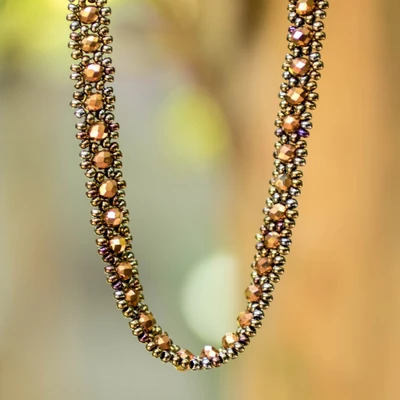 Beaded strand necklace, 'Metallic Magic' - Strand Necklace with Brown Crystals and Bronze Glass Beads