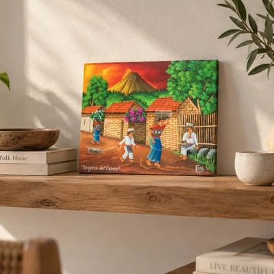 'Return from the Field' - Oil Artwork of Mother and Child in Guatemalan Folk Art Style