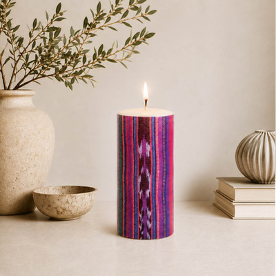 Pillar candle, 'Zaculeu Light' - Mayan Zaculeu Textile-Themed Handmade Paraffin Pillar Candle
