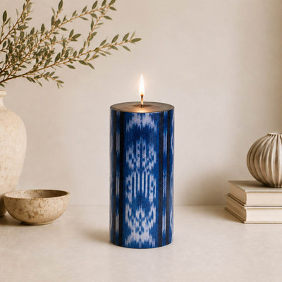 Pillar candle, 'Atitlan Light' - Blue White Paraffin Pillar Candle with Mayan Atitlan Motifs