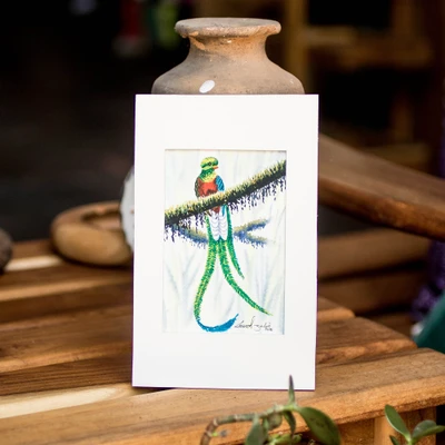 'Symbol of Freedom' - Artisan-Made Stretched Acrylic on Paper Painting of Quetzal
