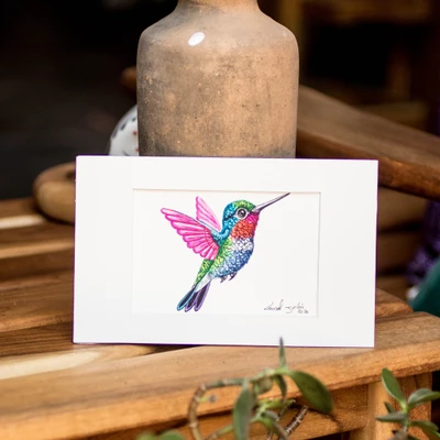 'Colourful Flight' - Eco-Friendly Acrylic on Recycled Paper Hummingbird Painting