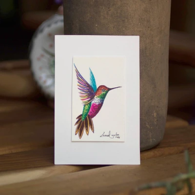 'Dance amid Flowers' - Nature-Inspired Signed Acrylic on Paper Hummingbird Painting