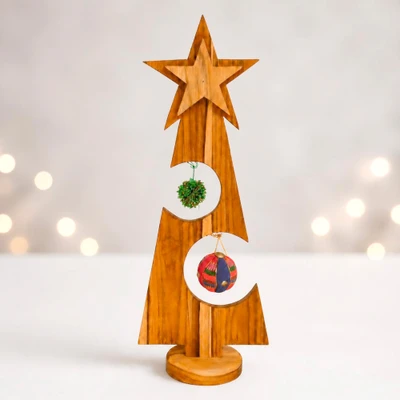 Teak ornament holder, 'Charming Christmas Tree' - Christmas Tree-Shaped Teakwood Ornament Holder for Tabletops