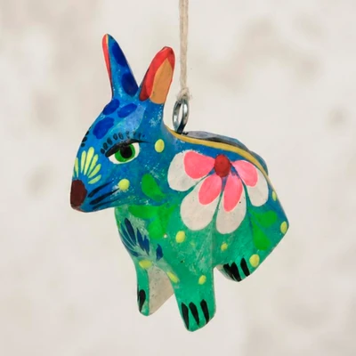 Wood alebrije ornament, 'Dreamy Bunny' - Spring-Themed Blue & Green Pinewood Alebrije Bunny Ornament