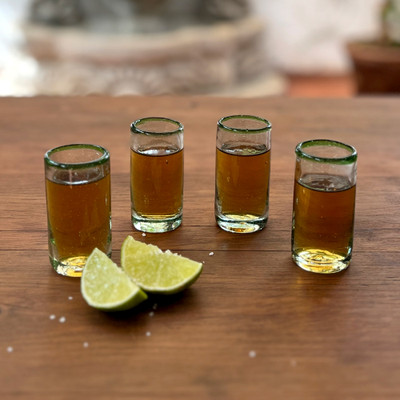 Handblown tequila glasses, 'Spirited Green' (set of 4) - Eco-Friendly 4-Piece Blown Tequila Glass Set with Green Rims