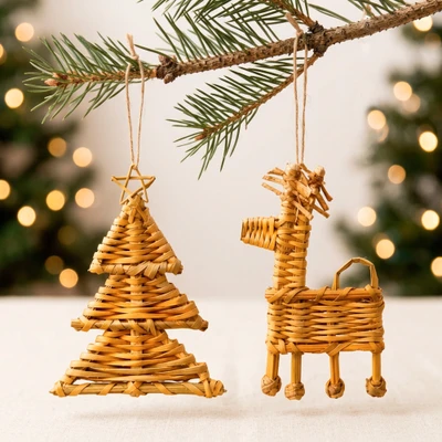 Natural fiber ornaments, 'Natural Christmas' (set of 2) - Set of 2 Tree & Reindeer-Themed Natural Fiber Ornaments