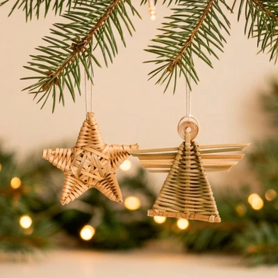 Natural fiber ornaments, 'Natural Holidays' (set of 2) - Classic 2-Piece Natural Tule Fiber Ornament Set Made by Hand