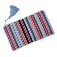 Cotton mini clutch, 'Bold Lines' - Striped Cotton Mini Clutch with Glass Beads and Tassel