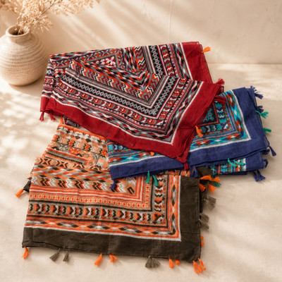 Cotton scarf, 'Loom and Tassel' - Handmade 100% Cotton Square Scarf from India