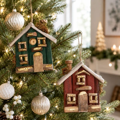 Upcycled driftwood ornament, 'Home for the Holidays' - Hand-painted Upcycled Driftwood Festive House Ornament