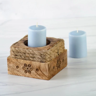 Wood candle holder, 'Light of the Coast' - Wooden Coastal Theme Candle Holder from India