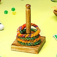 Wooden ring toss game, 'Sari Ring Toss' (pair) - Pair of Mango Wood Ring Toss Games with Upcycled Sari Rings