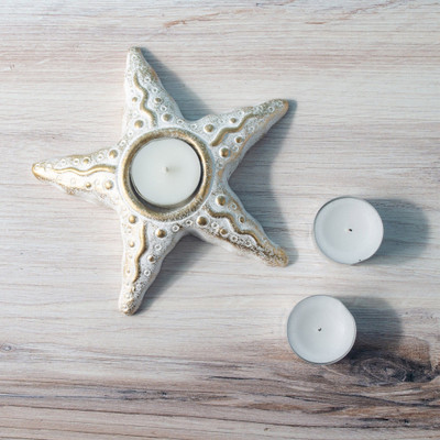 Ceramic candleholder, 'Starfish Serenade' (pair) - Gold Whitewash Starfish Pair of Tealight Candle Holders
