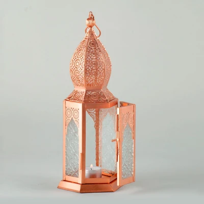 Aluminum and glass hanging candle holder, 'Copper Minaret' - Copper Toned Tall Hanging Lantern