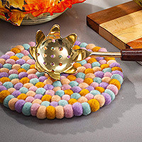 Wool pom pom trivet, 'Pastel Pop' (pair)