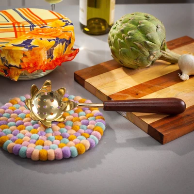 Wool pom pom trivet, 'Pastel Pop' - Colorful Felted Wool Pom Pom Trivet from Nepal