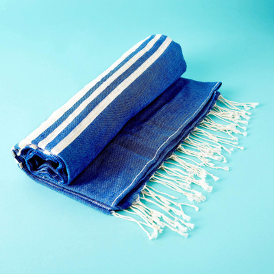 Cotton bath towel, 'Peshtemal Blue' (pair) - Pair of 100% Blue Turkish Cotton Towels