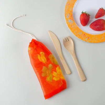 Bamboo utensils, 'Eco Dining' - Reusable Bamboo Utensils with Upcycled Sari Bag from India