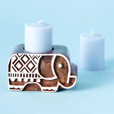 Mango wood candle holder, 'Elephant Glow' - Hand Carved Mango Wood Elephant Candle Holder from India