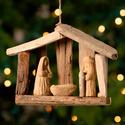 Driftwood ornament, 'Manger' - Handmade Recycled Driftwood Manger Christmas Ornament