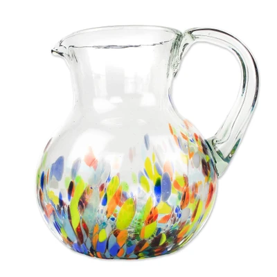 Handblown recycled glass pitcher, 'Fiesta Mosaic' - Colorful Recycled Glass Handblown Pitcher from Mexico