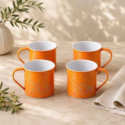 Enamel mugs, 'Apricot Splatter' (set of 4) - Set of 4 Apricot Orange 12oz Mugs