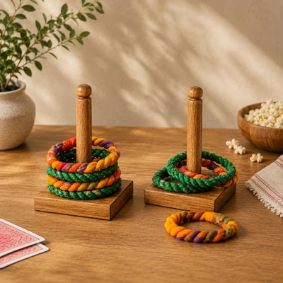 Wooden ring toss game, 'Sari Ring Toss' (pair) - Pair of Mango Wood Ring Toss Games with Upcycled Sari Rings