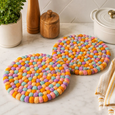 Wool pom pom trivet, 'Pastel Pop' (pair)