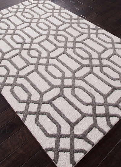 Handgetufteter Teppich aus elfenbeinfarbener/grauer Wollmischung mit geometrischem Muster - Handgetufteter Teppich aus elfenbeinfarbener/grauer Wollmischung mit geometrischem Muster