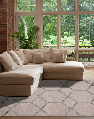 Handgetufteter Teppich aus grau-beiger Wollmischung mit geometrischem Muster - Handgetufteter Teppich aus grau-beiger Wollmischung mit geometrischem Muster