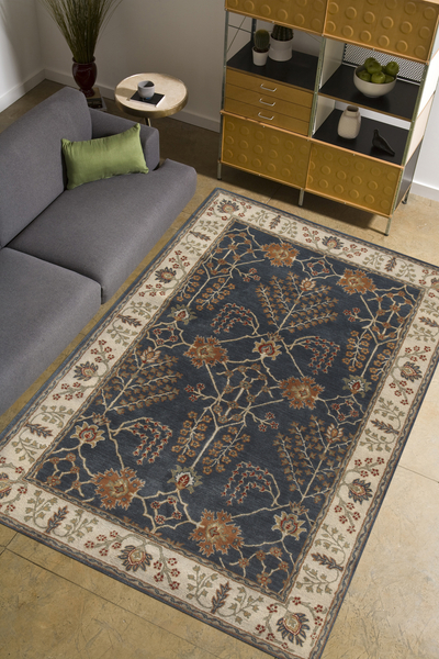 Hand-tufted area rug, 'Bluebell Spires' - Hand-Tufted 100% Wool Area Rug in Blues and Ivory