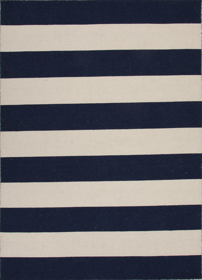 Flat-weave striped pattern area rug, 'Bold Blue' - Flat-Weave Dark Blue and Ivory Stripe 100% Wool Area Rug